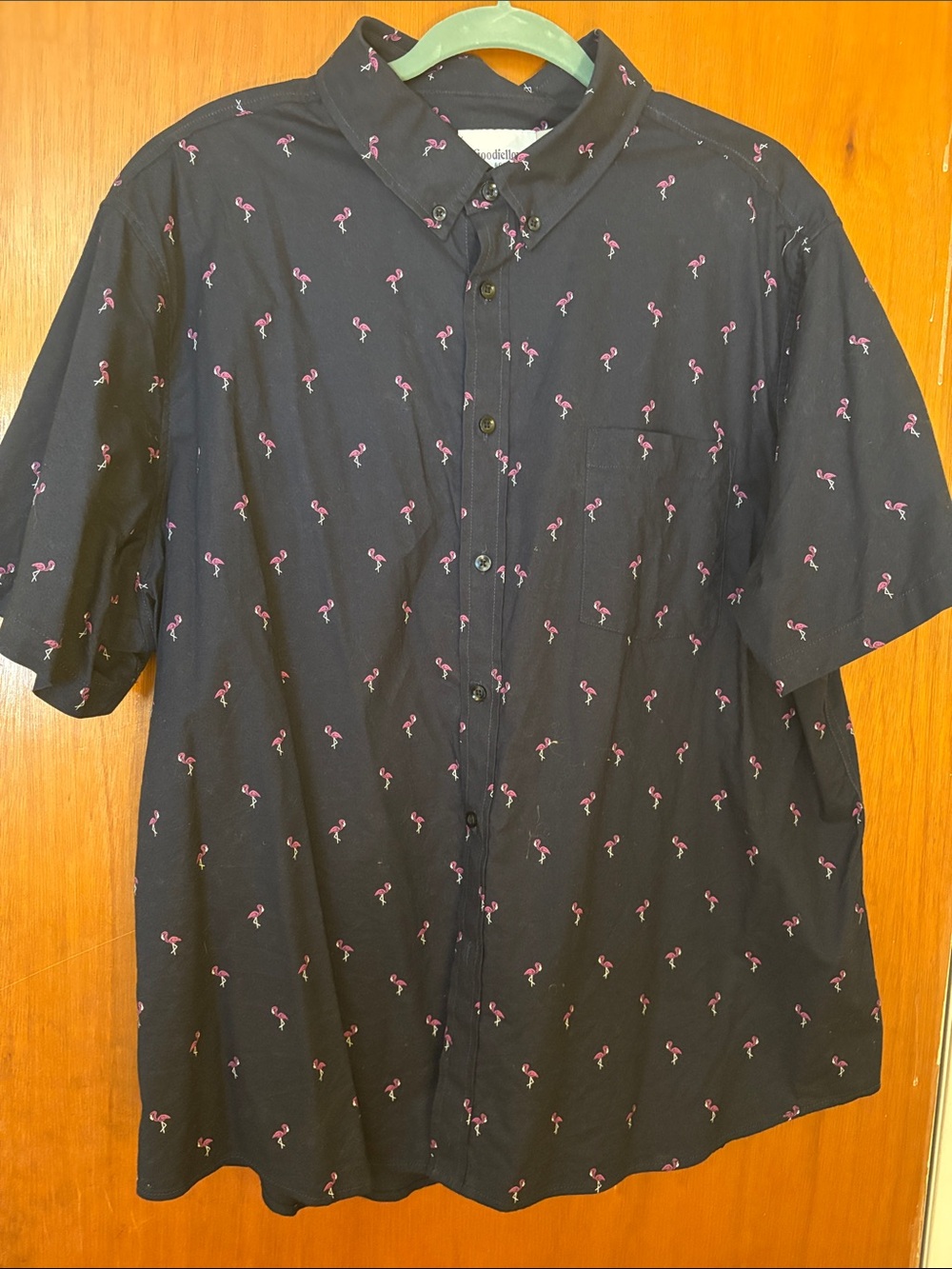 Men’s Black Button-Down Shirt with Pink Flamingo Print Size XXL